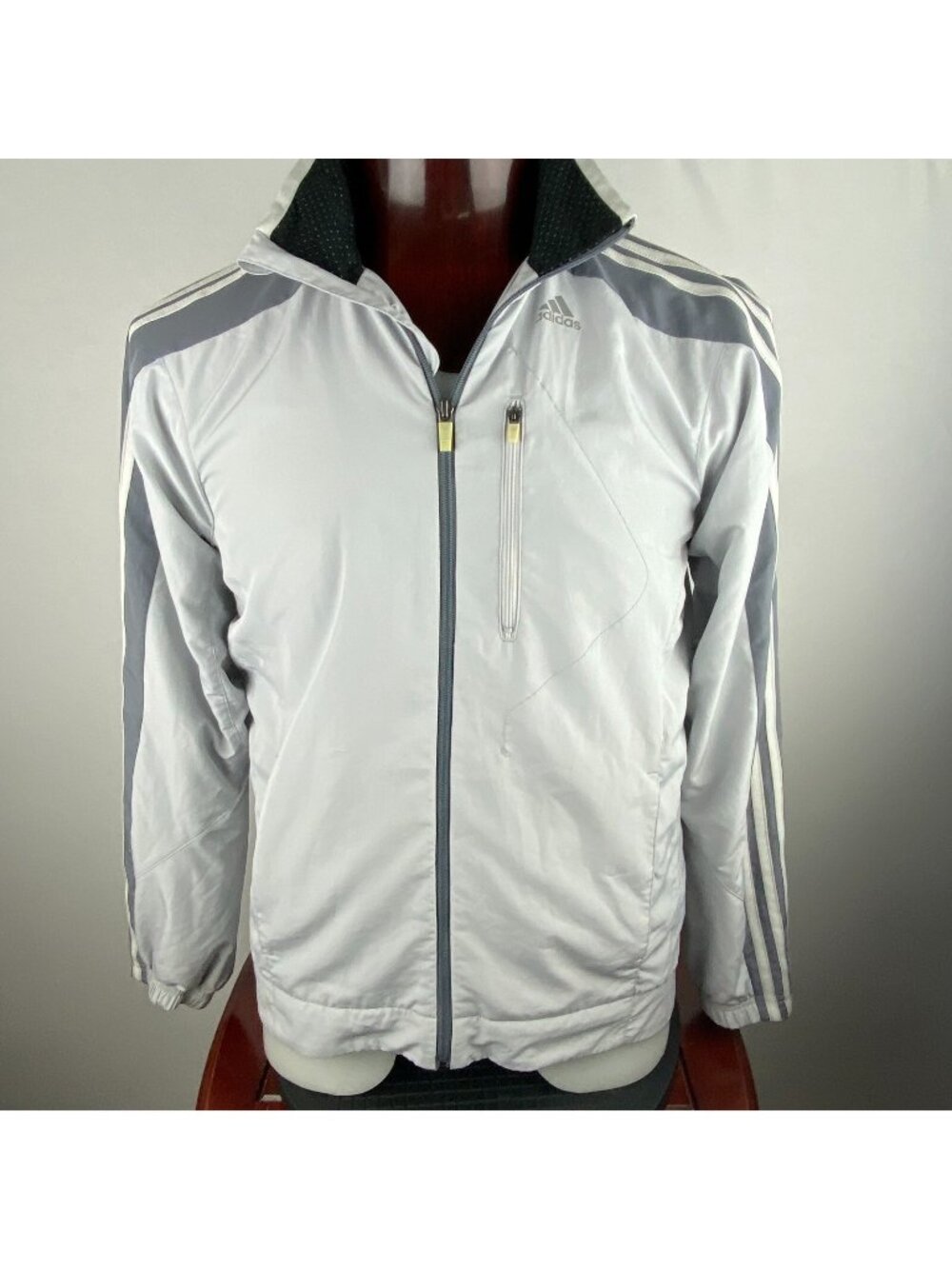 Adidas Sample Climaproof Jacket Mens Gray White Striped Athletic Preppy M *
